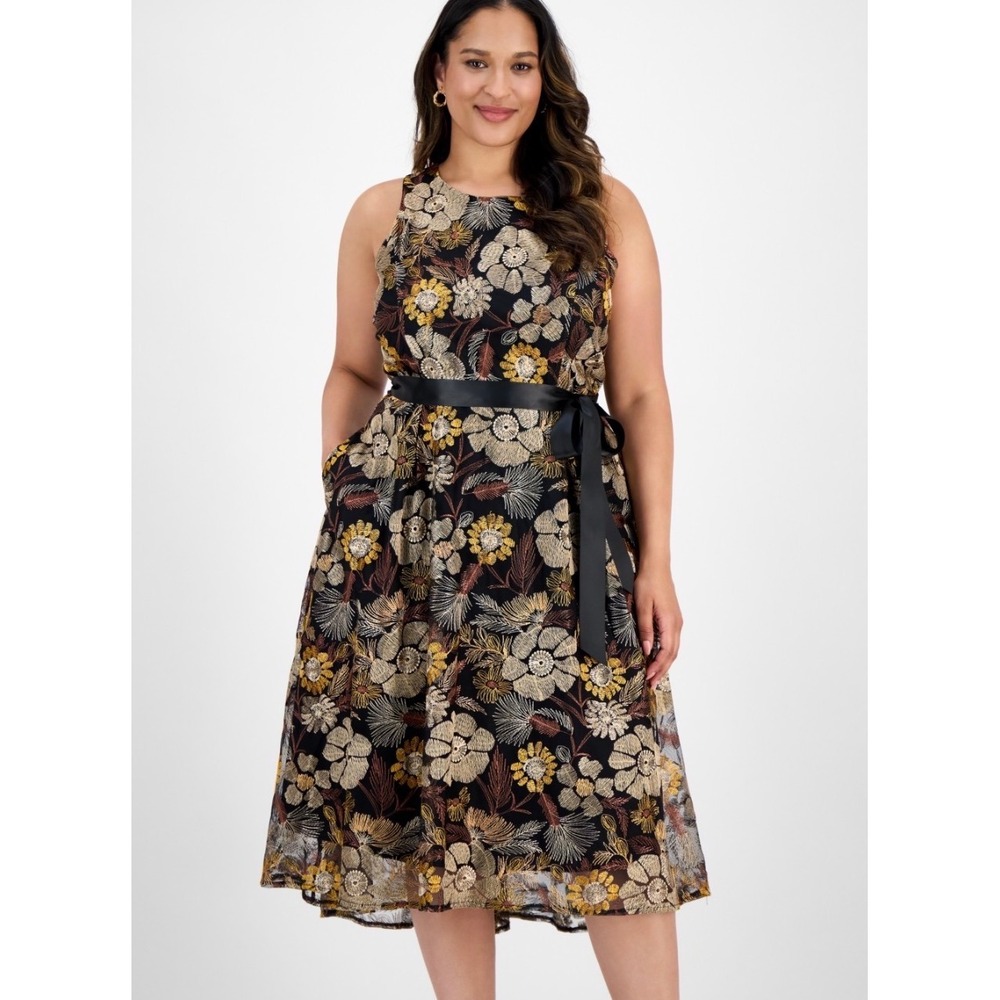 Tahari ASL Embroidered Floral Fit & Flare Dress Black Gold Brown 16 DAM614 NEW